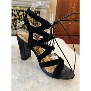Sam Edelman Sandals Ankle Wrap Tie Black Suede Platform Heels Size 7.5 NEW w Tag